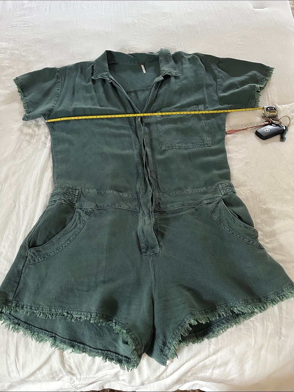 YFB Washed Green Short Sleeve Romper- Casual Utility Style